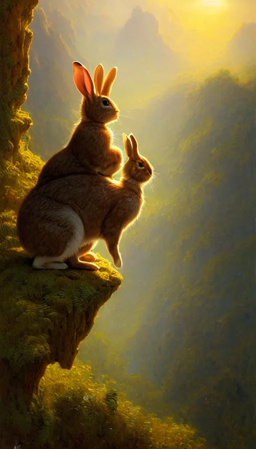 Image similar to rabbit looking off of a cliff, sun setting behind rabbit, lush forest in valley below, painted by tom bagshaw, james gurney, gaston bussiere, craig mullins, j. c. leyendecker 8 k