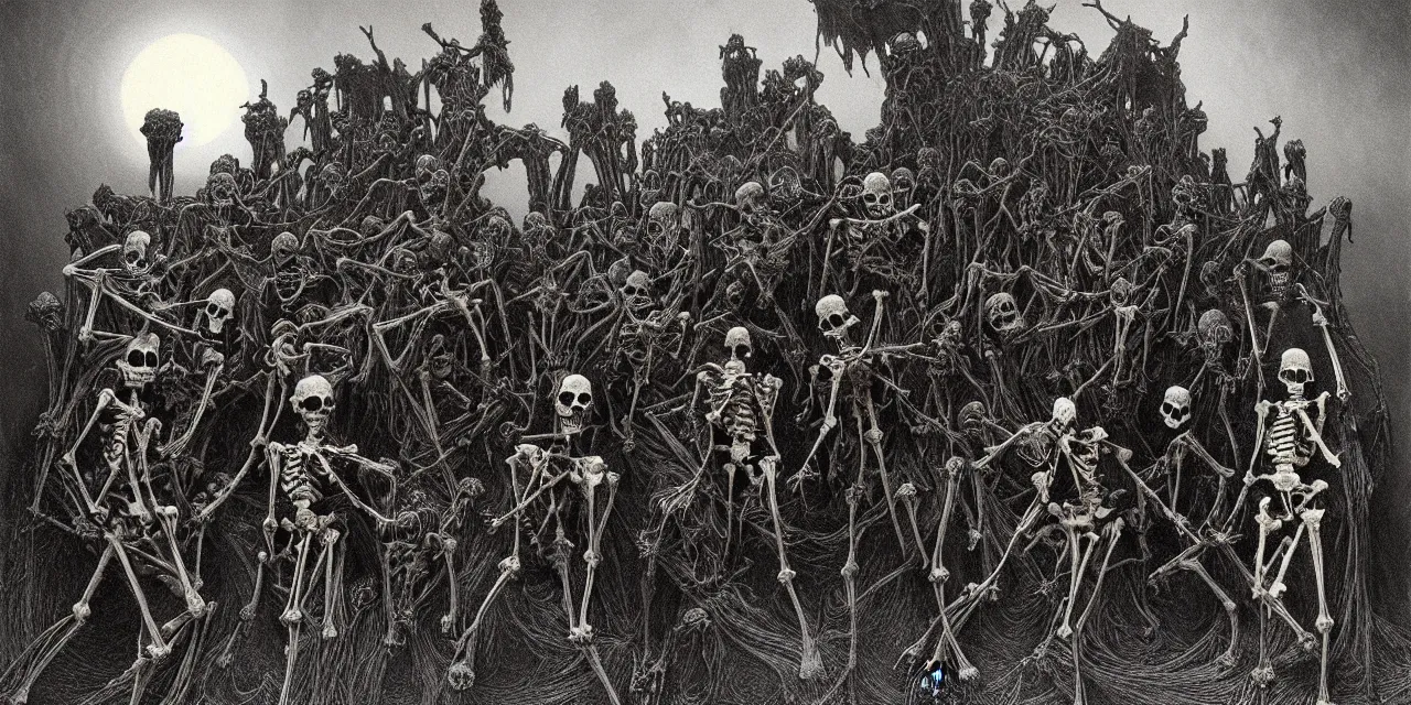 Image similar to satanic skeleton gang emerge from the cemetery on a dark night by zdzisław beksinski and gustave dore and alphonse mucha