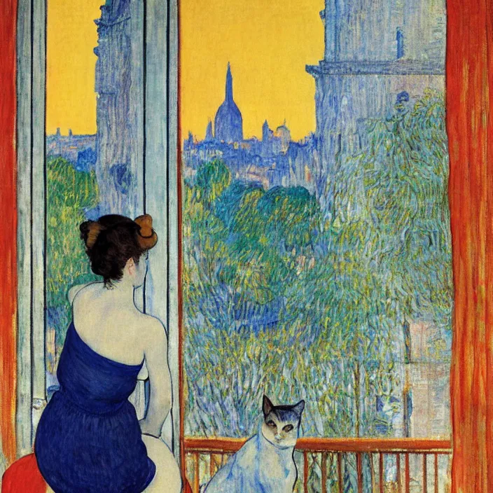 Prompt: woman in vermillion dress and white cat with city with gothic cathedral seen from a window frame with curtains. dark indigo blue, turquoise, gold, earth brown. sunset. bonnard, henri de toulouse - lautrec, utamaro, matisse, monet