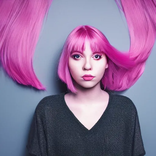 Image similar to a beautiful young woman, pink hair, Kodak portra, symmetrical face, studio lighting