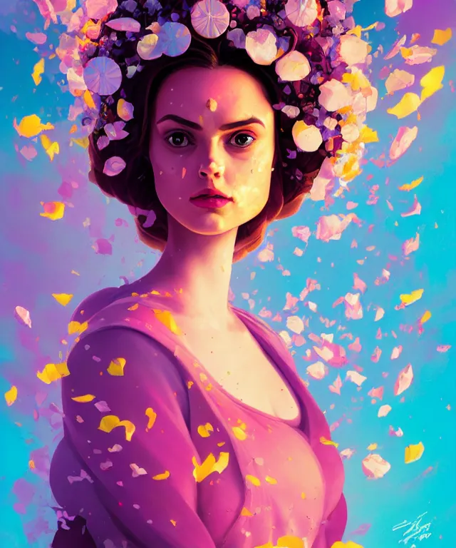 Image similar to delirium portrait of padme amidala, by petros afshar, ross tran, peter mohrbacher, tom whalen, flower petals, bubbly scenery, radiant light