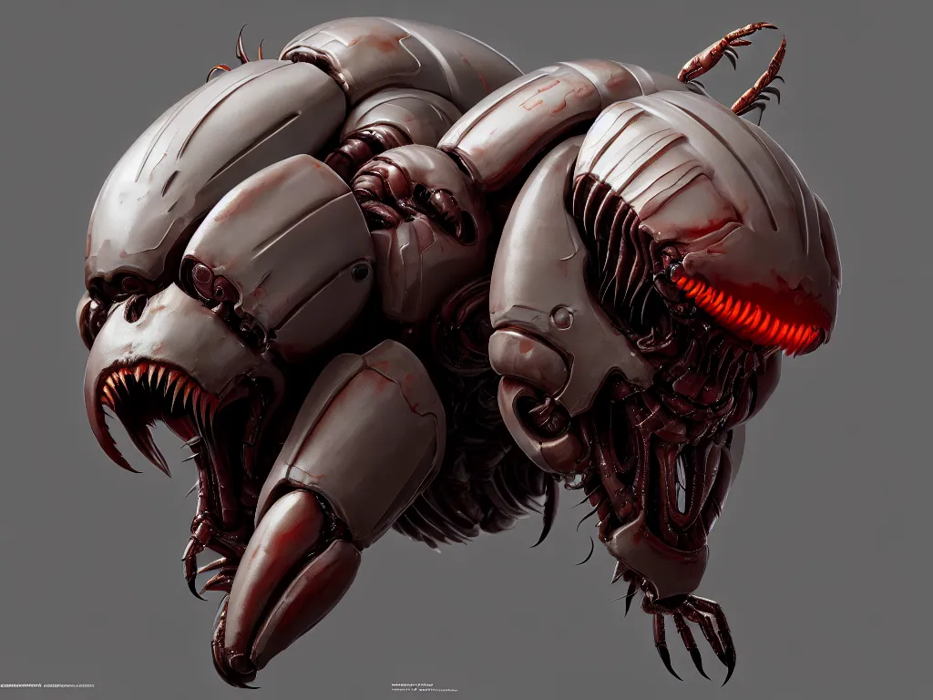 Image similar to doom, crustacean, isopod, muscular body, chiroptera head, chiroptera ears, big sharp teeth, mecha, hyperrealism, artstation, cgsociety, zbrush, no background