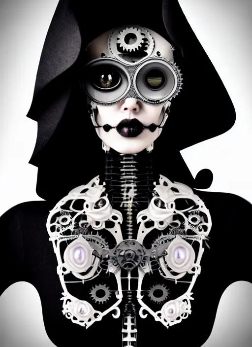 Image similar to black and white dreamy foggy gothic masterpiece profile face portrait, one steampunk eye biomechanical beautiful young female cyborg - robot, body ribs meshes, big monocular, volumetric light, hibiscus flowers, by hg giger, rim light, by dora maar, big gothic fashion pearl embroidered collar, 8 k