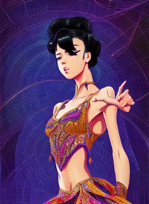 Prompt: a beautiful dancer with black hair in 1970's fashion, ballroom background, intricate, highly detailed, digital painting, artstation, official media, anime key visual, concept art, rich vivid colors, ambient lighting, sharp focus, illustration, art by Artgerm, Makoto Shinkai, Ilya Kuvshinov, Lois Van Baarle, and Rossdraws