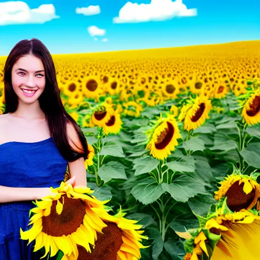 Image similar to Portrait, Illustration of a Ukrainian girl Smiling at the camera, Beautiful pretty young, flowers in her dark hair, Scene: Sunflower field, Colors: Yellow sunflowers, blue cloudy sky, In a style of Miniature World