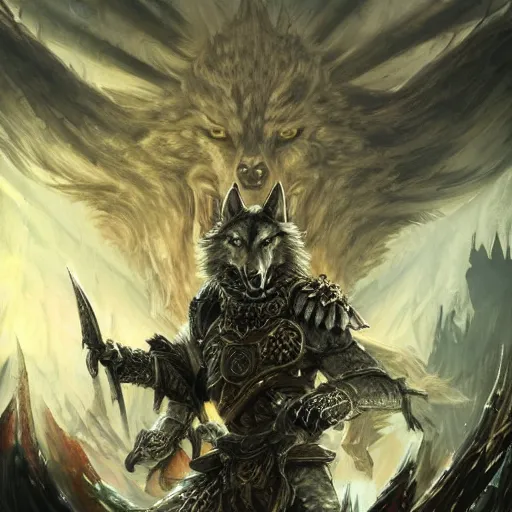 Prompt: Wolf, Anthropomorphized, as warlord general on skull throne, magic the gathering artwork, D&D, fantasy, cinematic lighting, centered, symmetrical, highly detailed, digital painting, artstation, concept art, smooth, sharp focus, illustration, volumetric lighting, epic Composition, 8k, art by Akihiko Yoshida and Greg Rutkowski and Craig Mullins, heroic pose, oil painting, cgsociety, Battlefield background, explosions, arrows