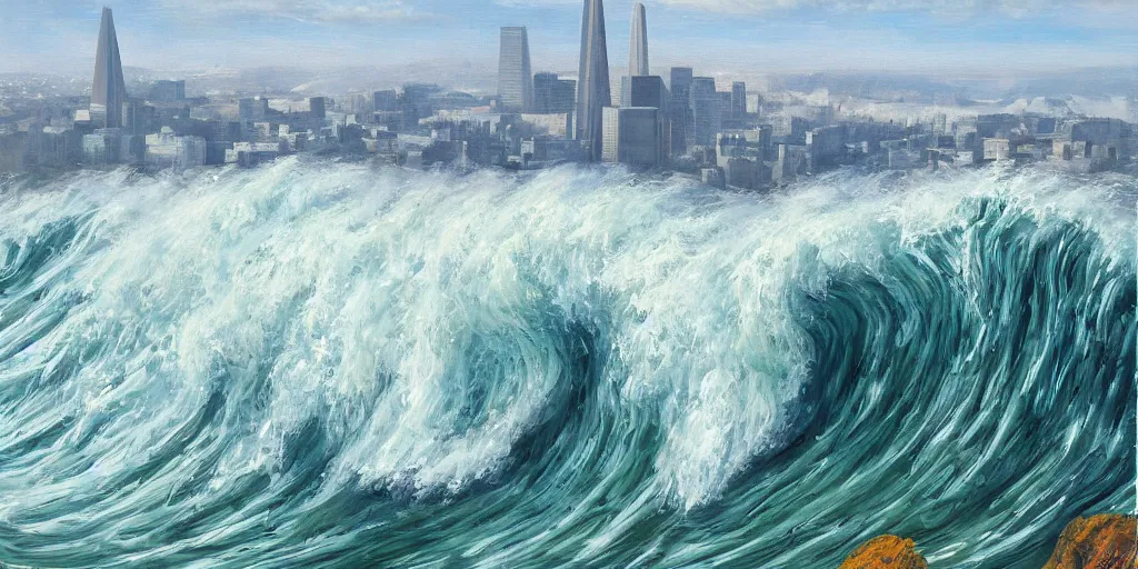 Image similar to giant wave wrapping over San Francisco, high above, realist painting