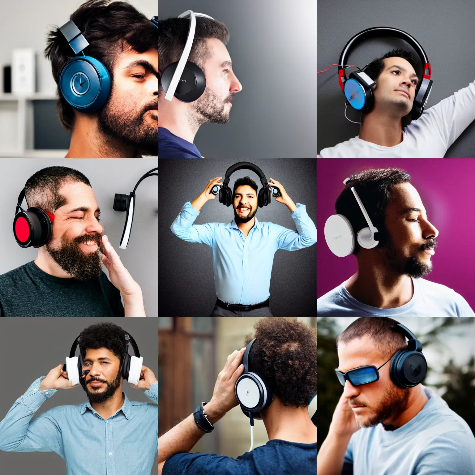 Prompt: Picture of a man listening on the music while wearing boombox speakers facing the head as a headphone