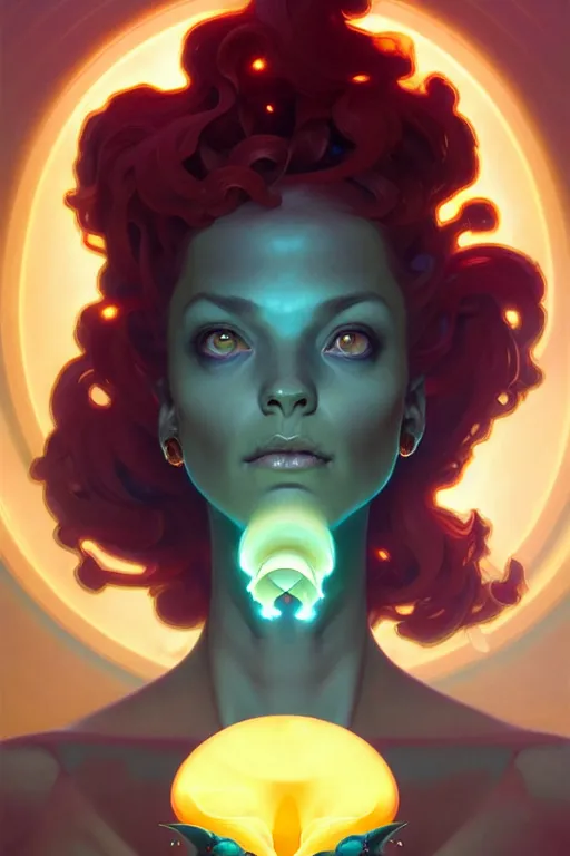 Image similar to portrait, bioluminescent creature, elegant baroque, asymmetrical art, hyperrealism, colorful, vivid, imposing, epic, digital painting, artstation, concept art, by peter mohrbacher and wlop and rhads and artgerm and magali villeneuve and alphonse mucha