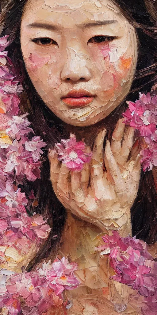 Image similar to very beautiful highly detailed and expressive oil painting of an asian woman's face dissolving into petals and flowers, masterpiece, dynamic lighting, intricate linework, 8 k, flowers