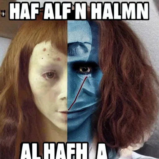 Prompt: half human half ai uncanny weird meme