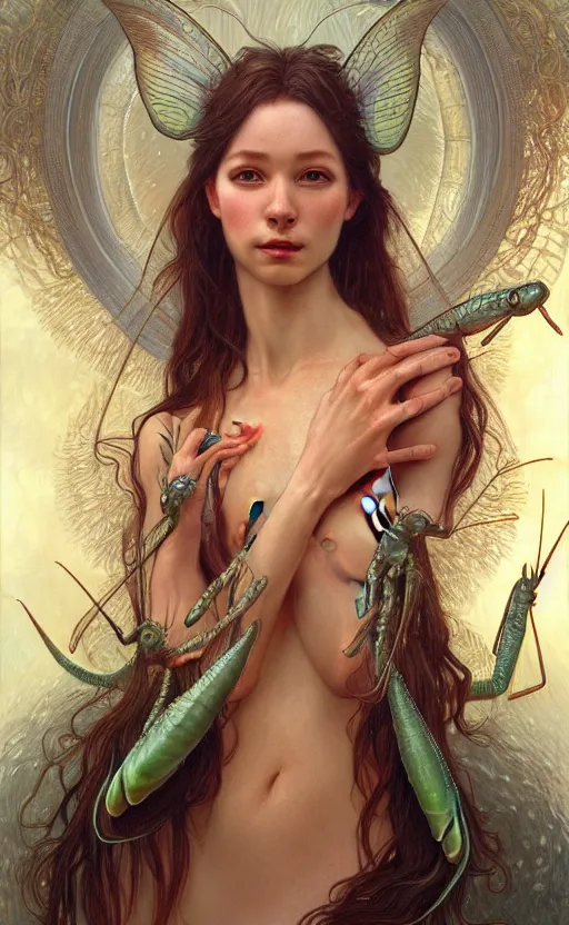 Image similar to portrait of a water creature, a praying mantis with translucent skin, made of pure water, concept art, deep focus, fantasy, intricate, highly detailed, digital painting, artstation, matte, sharp focus, illustration, art by artgerm and greg rutkowski and alphonse mucha