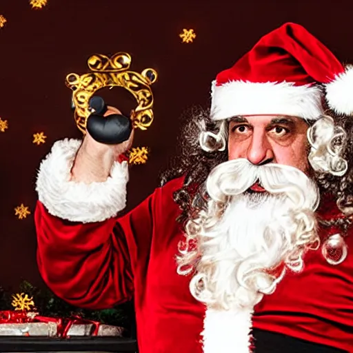 Prompt: photo of ron jeremy dressed as a sleazy santa, giving gifts to children