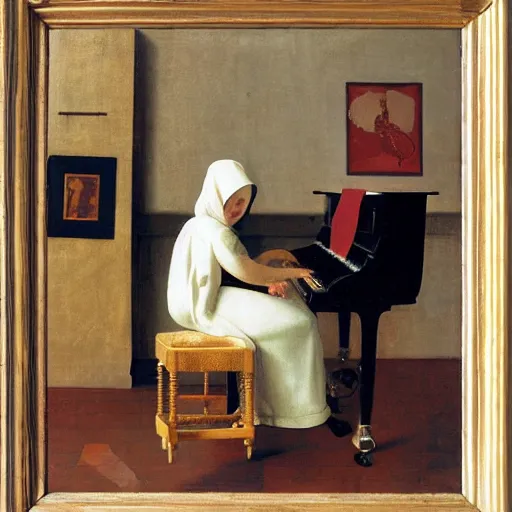 Image similar to octopus playing piano, sitting on the piano stool, oil painting, vermeer