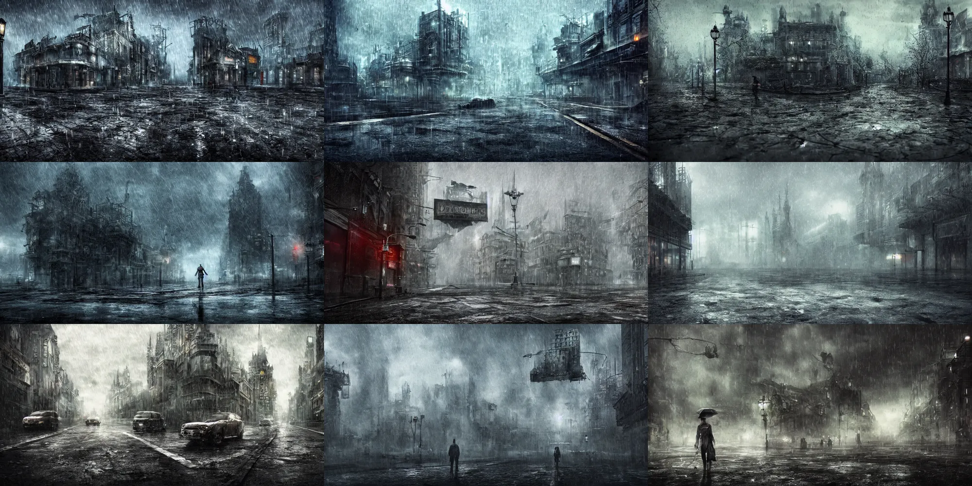 Prompt: dystopian wonderland, cinematic style, ultra realistic, dark, rain, HDR