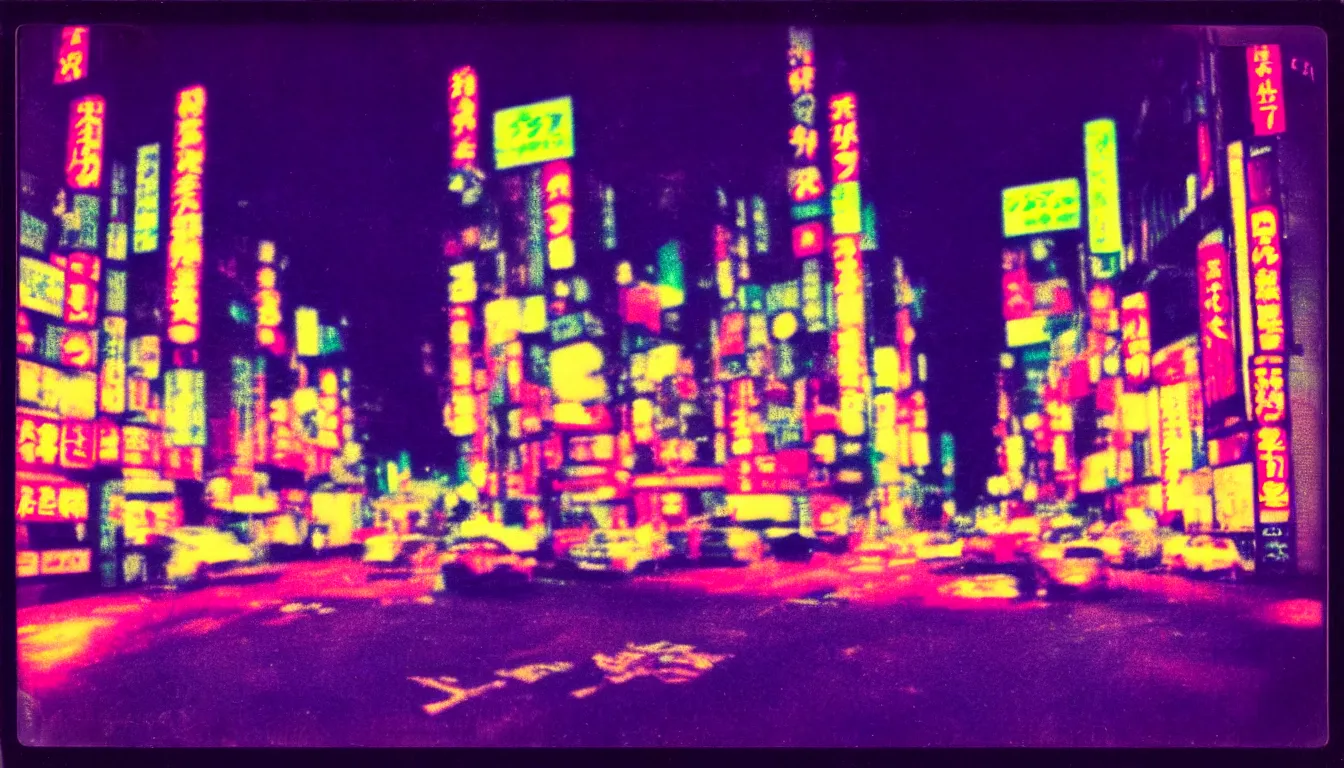 Prompt: colorful instant photograph of tokyo at night, polaroid, light leak, raw, nostalgic