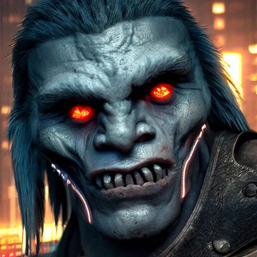 Image similar to hyper realistic cyberpunk orc, 8 k, photography, glowing lines, rule of thirds, ultra detailed.