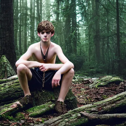 Prompt: a teenage boy, around 1 6 yo. spike necklace. natural brown hair. loincloth, pale skin. detailed face. ominous and eerie looking forest in background. natural colors. hyperrealistic photo.