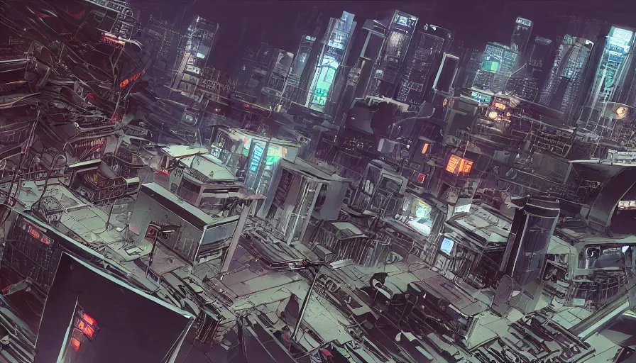 Prompt: Concept Art Illustration of neo-Tokyo Bank Headquarters, in the Style of Akira, Syndicate Corporation, Anime, Dystopian, Highly Detailed, Helipad, Special Forces Security, Blockchain Vault, Searchlights, Shipping Docks, For Stealth fps bank robbery sim, Inspired by MGS2 + Ghost in the shell SAC + Cowboy Bebop :2 by Katsuhiro Otomo : 8