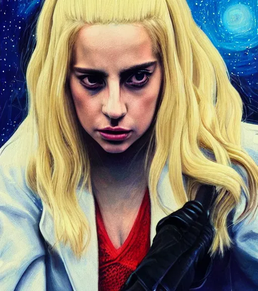 Prompt: still of lady gaga with long blonde hair, her right hand held up using the force shouting towards our pov in an episode of stranger things, intricate, elegant, highly detailed, digital painting, artstation, concept art, smooth, sharp focus, illustration, art by Phil noto