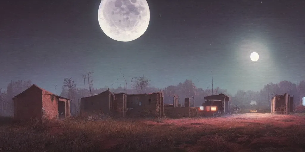 Prompt: abandoned civilisation at night, moonlight lighting on one full moon, landscape painted by simon stalenhag