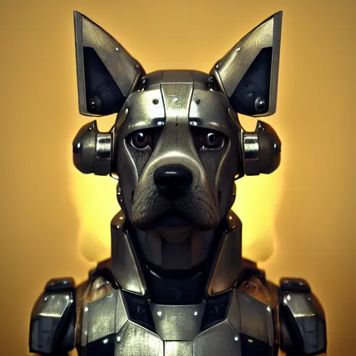 Image similar to A puppy in cybernetic mecha armor, bust portrait, art by Eugenia firs ArtStation, Octane render, intricate detail, smooth, sharp focus,