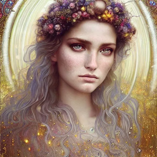 Image similar to Beautiful Delicate Detailed portrait of sun summer woman, With Magical golden eyes by Tom Bagshaw, Bastien Lecouffe Deharme, Erik Johansson, Amanda Sage, Alex Grey, Alphonse Mucha, Harry Clarke, Josephine Wall and Pino Daeni, Delicate winter frozen creature With long golden Hair and Magical Sparkling Eyes, Magic Particles; Magic Swirls, in a out of this world magical summer landscape, 4K; 64 megapixels; 8K resolution concept art; detailed painting; digital illustration; hyperrealism; trending on Artstation; Unreal Engine Photorealistic, lifelike, Unreal Engine, sharp, sharpness, detailed, 8K