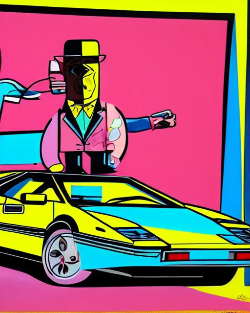 Prompt: Crockett and Tubbs and a white Countach, Miami Vice (1984), in the style of Alex Yanes and John Kricfalusi and Damien Hirst, muted pastel neon color surrealist cubist, tense design, detailed painting, spray art, spatter, collage, isolated on white, juxtapoz magazine, cartoon brew, golden ratio, rule of thirds