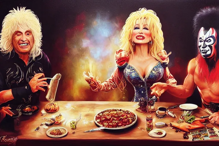 Prompt: dolly parton having a spaghetti dinner with gene simmons in kiss makeup, an oil painting by ross tran and thomas kincade