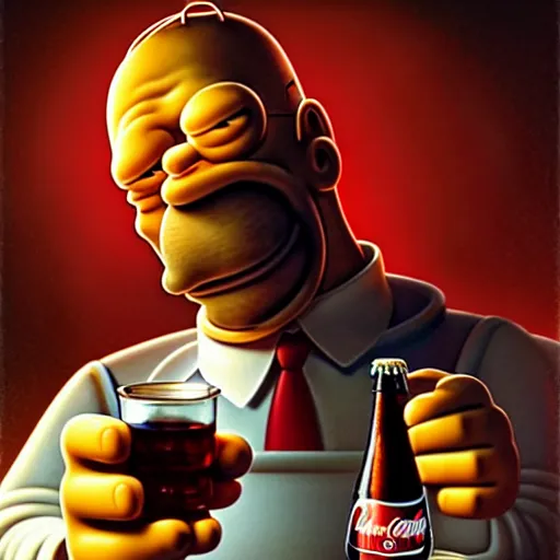 Image similar to portrait of homer simpson drinking coke, ultra realistic, concept art, intricate details, eerie, highly detailed, photorealistic, octane render, 8 k, unreal engine. art by artgerm and greg rutkowski and charlie bowater and magali villeneuve and alphonse mucha