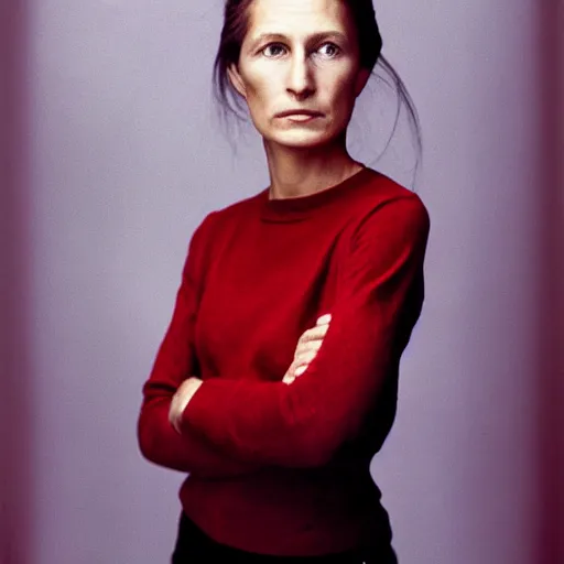 Prompt: portrait of a beautiful woman, front view. casual clothing. studio photo by annie leibovitz.