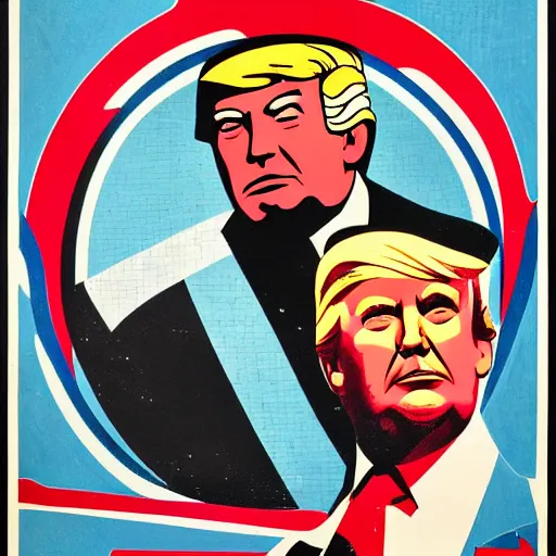 Image similar to a colorful Soviet propaganda poster of Donald trumps face looking at the, mosaic, high contrast,