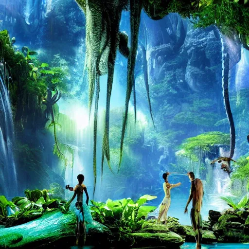 Prompt: science fiction, HD natural scene from the movie Avatar 2: Way of Water set on the planet Pandora, na'vi in shot