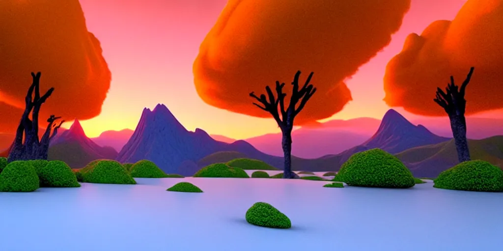 Image similar to a beautiful 3 d fantasy landscape art, orange clouds in the blue sky and green trees, snowy mountains, 3 d art, unreal engine 5, hyper realism