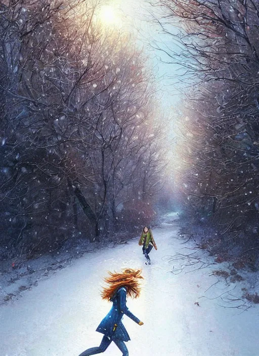 Prompt: a sixteen year old girl with short wavy curly light brown hair and blue eyes wearing colorful winter clothes is running in a snowy field. beautiful painting by artgerm and greg rutkowski