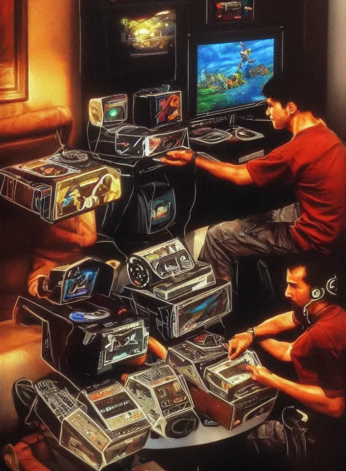 Image similar to Men playing video games on CRT television using Atari joysticks. Painting by Carvaggio. Intricate details. hyper realism. Masterpiece.