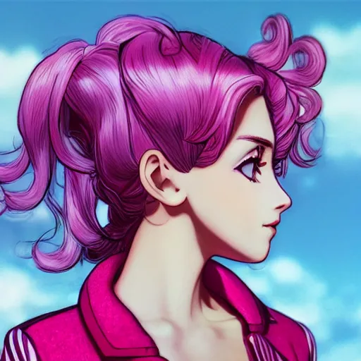 Image similar to beautiful pink little girl, profile picture, vintage fashion, highly detailed, reflection, 8 k, realistic artwork, hd, inspired by jojo bizarre adventure, 9 0 s anime art style