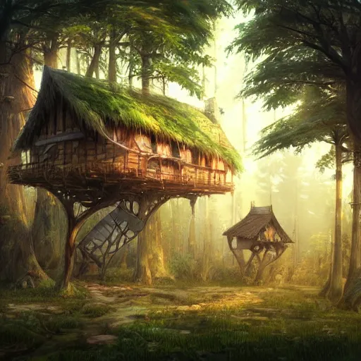 Image similar to concept art painting of treehouses made out of trees and roots, trees with doors and windows in a deep forest, realistic, detailed, cel shaded, in the style of makoto shinkai and greg rutkowski and james gurney