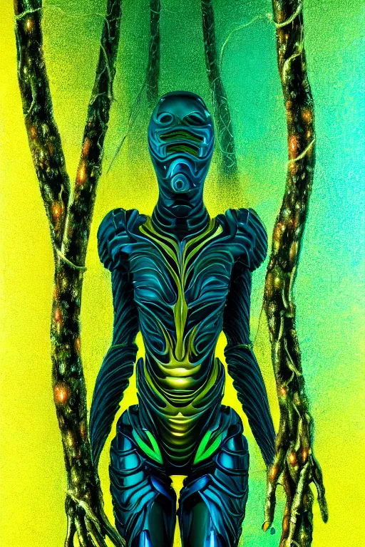 Image similar to hyperrealistic avant garde cinematic super expressive! black woman with exoskeleton armor, merging with tree in a forest, highly detailed digital art masterpiece, smooth cam de leon eric zener dramatic pearlescent soft teal yellow light, ground angle hd 8 k, sharp focus