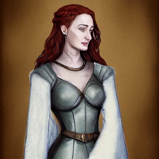 Image similar to full body portrait of sansa stark, detailed, exquisite, at winterfell, artstation