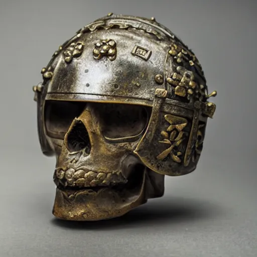 Prompt: old bronze skull wearing a samurai helmet, professional photo shot, depth of field, intricate details