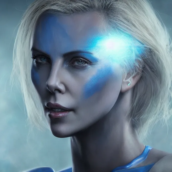 Image similar to charlize theron as mystique. x - men. intricate abstract. intricate artwork. by tooth wu, wlop, beeple, dan mumford. octane render, trending on artstation, greg rutkowski very coherent symmetrical artwork. cinematic, hyper realism, high detail, octane render, 8 k, iridescent accents