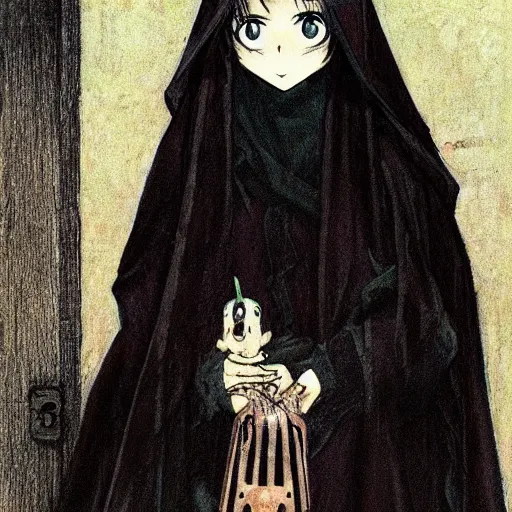 Image similar to archetype of death ((the grim reaper)) is a cute neko girl, anime waifu, posing nicely for a picture, shy, bashful, sweet colors, dark black robe, blush, by Ilya Repin and Maurice Sendak