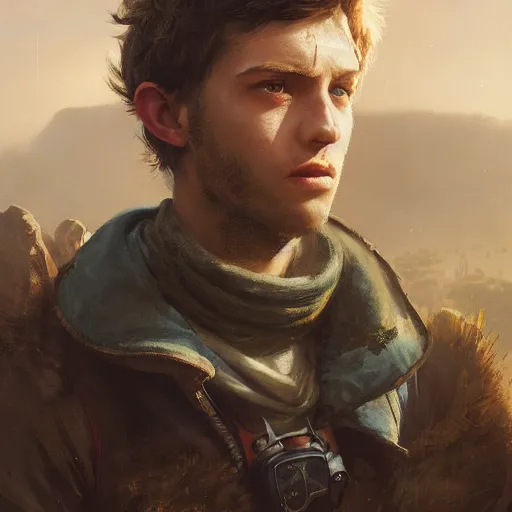 Image similar to masterpiece closeup portrait of a young man with short brown hair and blue eyes, wearing adventuring gear, by Greg Rutkowski, 4k, masterpiece, matte painting, detailed