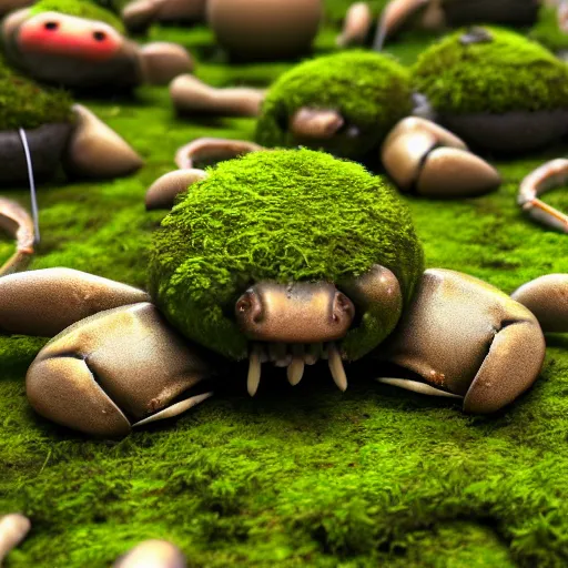 Image similar to large group of crabs and worms, crawling along a bed of moss, low poly, creeper world, handcrafted, artstation, hyperrealistic, hard light, best practices, creeptastic, photorealism, macro perspective, cuddly, Voidless of the Festival!