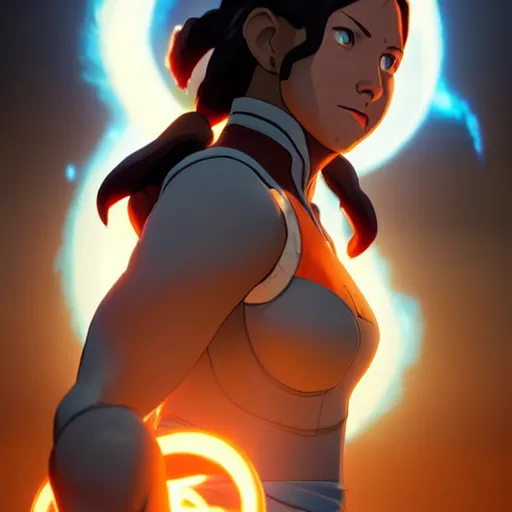 Image similar to portrait of a korra, front angle, white glowing eyes, earthly elements raging in background, stunning 3 d render inspired art by greg rutkowski and xiang duan and thomas eakes, realistic, highly detailed attributes and atmosphere, dim volumetric cinematic lighting, 8 k octane detailed render, post - processing, masterpiece, soft vignette