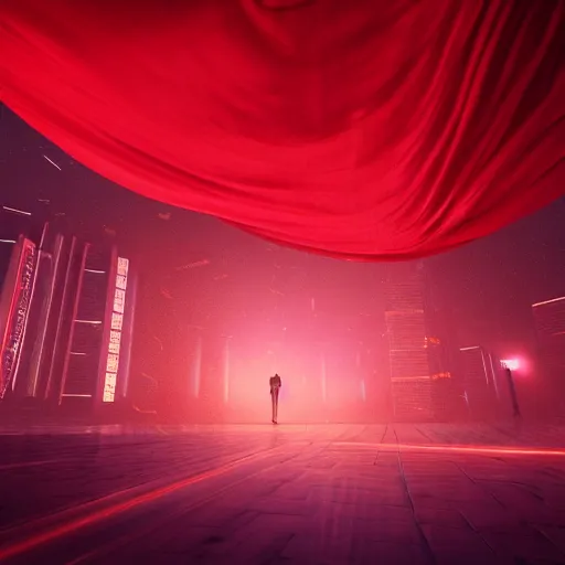 Image similar to a person enveloped in red silk cloth that blows in the wind stands in a dytopian highly detailed city at night, with volumetric lights in the distance. atmospheric light, rendering, octane, redshift