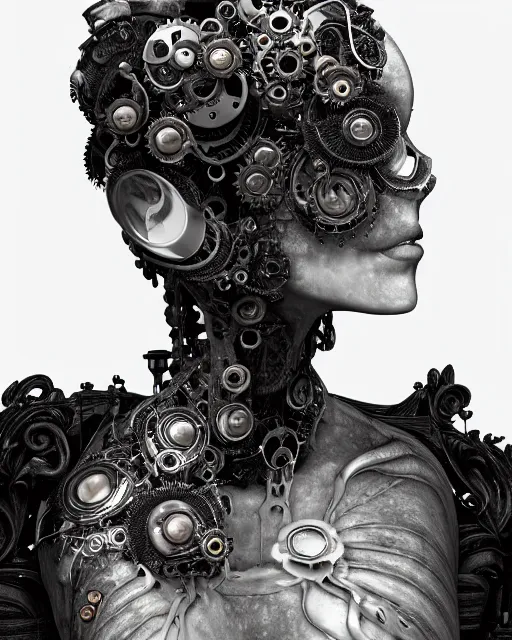 Image similar to black and white dreamy foggy smoky profile face portrait, one silver steampunk realistic eye biomechanical beautiful young female cyclope - cyborg - robot bust, body ribs meshes,, volumetric light, hibiscus flowers, by hg giger, rim light, by dora maar and cecile beaton, big gothic fashion pearl embroidered collar, 8 k