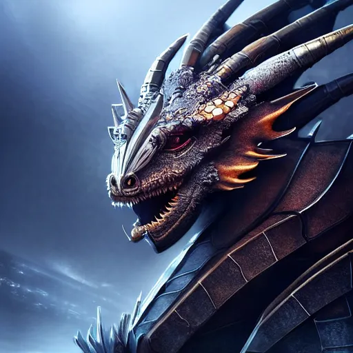 Image similar to stunning cinematic realistic full-body shot, of a beautiful hot anthropomorphic robot female dragon, well designed highly detailed cute female dragon head with slick eyes, looking down at the camera with a smirk, well armored, detailed claws, high quality, HD octane render, fantasy, furry art, Artstation, Deviantart, Furaffinity