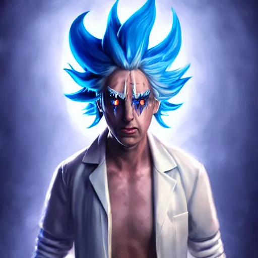 Image similar to Rick Sanchez, perfect eyes, spikey blue hair, white lab coat, full body shot, butcher, fantasy, beautiful face, medieval, vivid colors, elegant, concept art, sharp focus, digital art, Hyper-realistic, 4K, Unreal Engine, Highly Detailed, HD, Dramatic Lighting by Brom, trending on Artstation